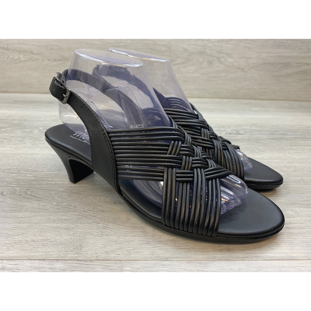 Munro Women's Black Leather Woven Strappy Slingback Kitten Heels 8.5 Shoes